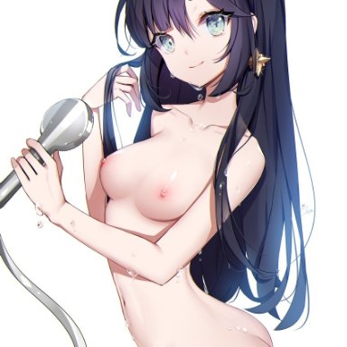 absurdres, ankkoyom, arched back, bangs, bathing, black hair, blue eyes, breasts, collarbone, commentary, cowboy shot, earrings, female, genshin impact, hair between eyes