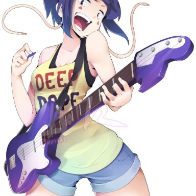 1girls, bare shoulders, electric guitar, female, guitar, hi res, high resolution, hotvr, instrument, kyoka jiro, my hero academia, purple hair, shorts, watermark