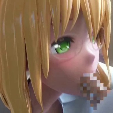 1boy, 1girl, 3d, animated, blonde hair, blowjob, censored, cum, cum on face, cute, deep blowjob, deepthroat, eye contact, facial, fellatio