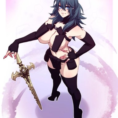 1girls, alternate costume, big breasts, blue eyes, boots, byleth (female), byleth (fire emblem), byleth (fire emblem) (female), cleavage, cosplay, crescentia, crossover, fire emblem, fire emblem: three houses, high heels