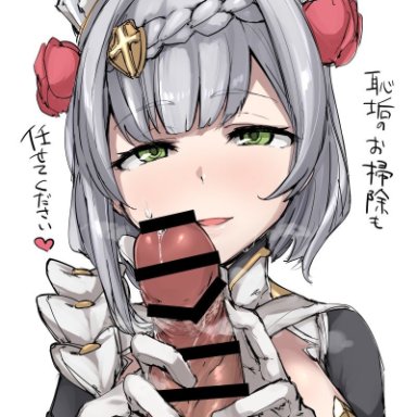 1boy, bangs, bar censor, blush, braid, censored, commentary request, erection, eyebrows visible through hair, female, genshin impact, Genshin Impact Game, gloves, green eyes, grey hair