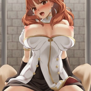 1boy, bangs, big breasts, black gloves, black legwear, black skirt, blush, breasts, breasts outside, buttons, celica, celica (fire emblem), censored, clothed female nude male, clothed sex