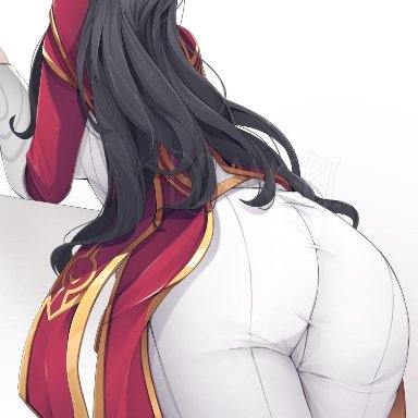 1girls, 2020, adele (maplestory), artist name, ass, ass focus, big ass, black hair, blush, breasts, clothed, clothing, dated, ddangbi, elf