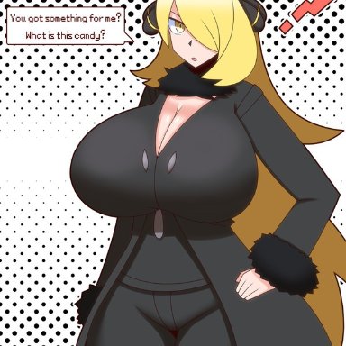 alternate breast size, big breasts, blonde hair, breast expansion, curvy, cynthia (pokemon), duskyer, huge breasts, large breasts, long hair, pokemon, pokemon dppt, question, text, thick
