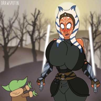 1girl, ahsoka tano, alien, alien girl, ambiguous gender, animated, baby yoda, big breasts, blue eyes, blush, bouncing breasts, breast play, dead tree, drawsputin, embarrassed