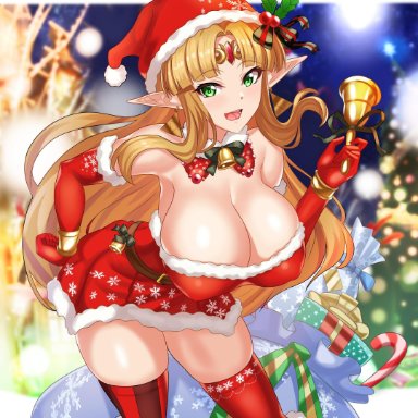 1girls, 2020, a link between worlds, absurd res, armpits, artist name, bag, bare shoulders, bell, belt, blonde hair, bow, breasts, candy, candy cane