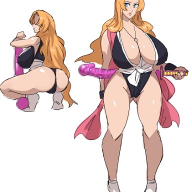 1girls, alternate costume, ass, ass grab, back view, big breasts, big dildo, bleach, blue eyes, breasts, cameltoe, front view, giant dildo, highres, hourglass figure