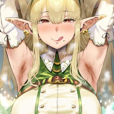 1girls, 2020, absurdres, armpits, arms behind head, arms up, bangs, blonde hair, blush, braid, breasts, clavicle, closed mouth, earrings, elf