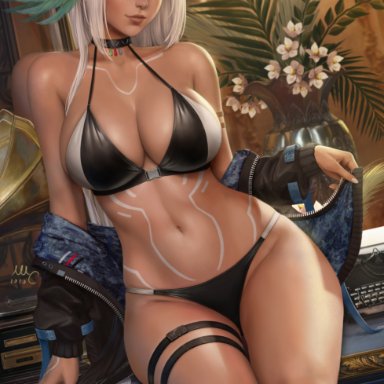 azur lane, big breasts, bikini, bikini bottom, bodypaint, breasts, cleavage, clothed, clothing, dark skin, dark-skinned female, jacket, large breasts, looking at viewer, massachusetts (azur lane)