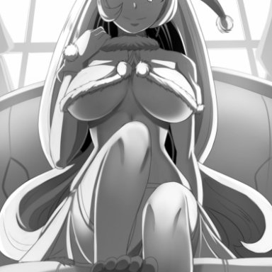 1girls, big breasts, breasts, christmas, feet, female, female only, fur trim, gloves, greyscale, hat, highres, large breasts, long hair, looking at viewer