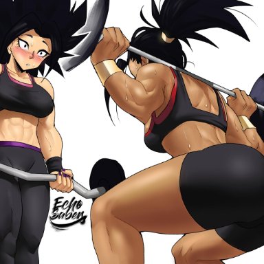 2girls, big ass, big butt, black hair, blush, butt focus, caulifla, dragon ball, dragon ball super, echosaber, gym clothes, gym pants, gym uniform, kale, looking up