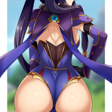 1girls, absurd res, aqua eyes, ass, back, backboob, black hair, black legwear, breasts, cape, elbow gloves, female, genshin impact, gloves, hat