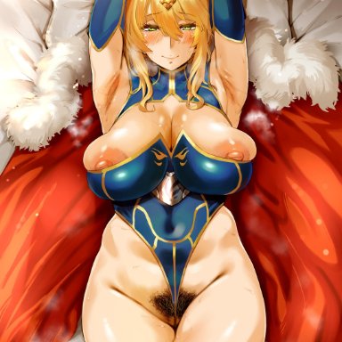 1girls, 2020, absurdres, areolae, armpits, arms up, artoria pendragon, artoria pendragon (lancer), blonde hair, blonde pubic hair, blush, breasts, cape, cleavage, colored pubic hair