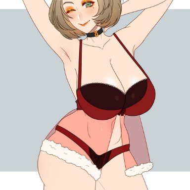 1girls, alternate costume, armpits, arms behind head, arms up, bare thighs, big breasts, blush, brown hair, choker, christmas, cleavage, cryptid crab, eyeshadow, fire emblem