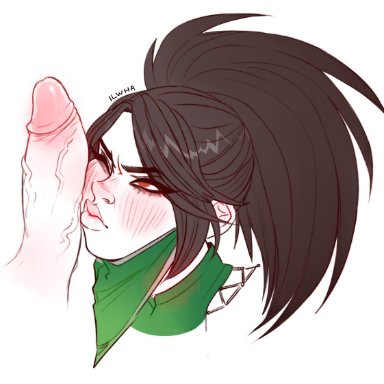 1boy, 1girls, akali, angry, black hair, blush, bwc, eye contact, eyelashes, eyeshadow, female, ilwha, imminent oral, large penis, league of legends