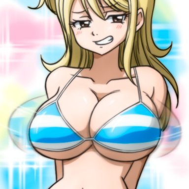 1girls, arms behind back, bikini, blonde hair, bouncing breasts, breasts, cameltoe, collarbone, eyebrows visible through hair, eyelashes, fairy tail, female, female only, huge breasts, lucy heartfilia