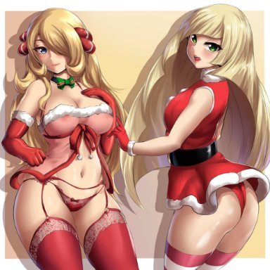 2girls, ass, blonde hair, blush, breasts, christmas, christmas outfit, cynthia (pokemon), eye contact, female, gloves, green eyes, leonart, long hair, looking at viewer