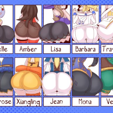 1boy, 9girls, amber (genshin impact), ass, barbara (genshin impact), big ass, black hair, blonde hair, blue background, blue hair, breasts, brown hair, brown shorts, duskyer, female