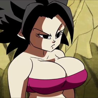 1boy, 1girl, alien, alien genitalia, alien humanoid, alien penis, animated, animation, areolae, big breasts, black eyes, black hair, bored, caulifla, clothed