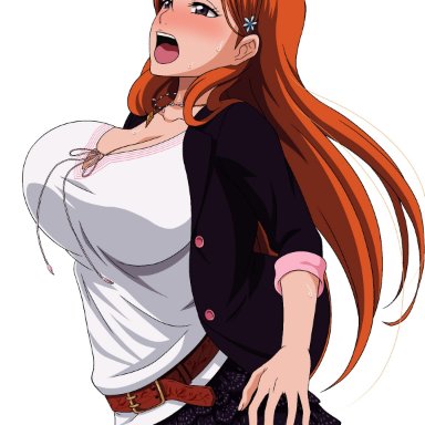 1boy, 1boy1girl, 1girls, ambiguous penetration, belt, big breasts, blazer, bleach, blush, bouncing breasts, breasts, brown eyes, busty, cleavage, clothed female nude male