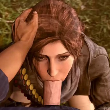 1boy, 1girls, 3d, animated, blowjob, bwc, clothed, deepthroat, erection, hand on head, lara croft, no sound, penis, pockyinsfm, tomb raider