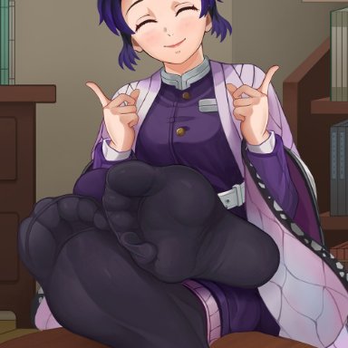 angry, bangs, black socks, demon slayer, feet, feet on table, hair ornament, kimono, kochou shinobu, purple, purple eyes, smile, socks, soles, solo (twsolo)