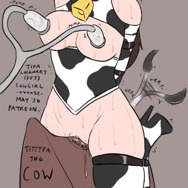 ahe gao, bondage, cow horns, cow print, cowbell, femsub, final fantasy vii, gag, gagged, high heels, lactation, milking, milking machine, mooing, ring gag