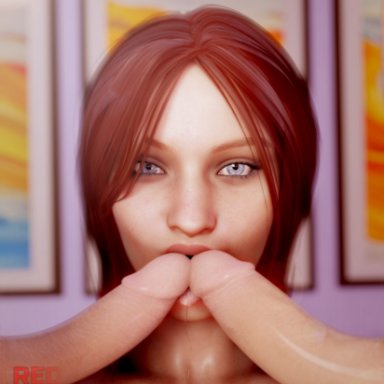 3d, 3d (artwork), blowjob, claire redfield, highres, Red404, resident evil, resident evil 2, two dicks one mouth