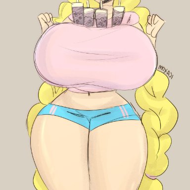 belly, belly button, big breasts, bimbo, blonde hair, blue eyes, bottom heavy, braids, breast, carrying, cassie (theycallhimcake), curvy, cute, enormous breasts, gigantic breasts