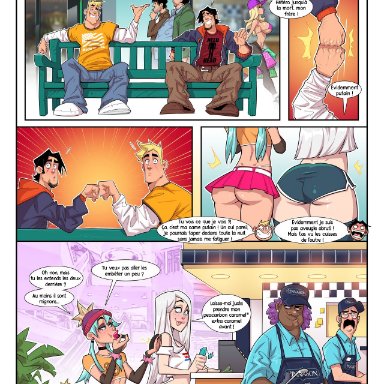 2boys, androgynous, ass, cherrymousestreet, comic, femboy, french text, gay, legs, miniskirt, page 2, slutwr1ter, thighs, translated, trap