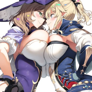 2girls, asahina hikage, blonde hair, blush, breast press, breast squish, breasts, brown hair, busty, female, female only, genshin impact, green eyes, highres, huge breasts