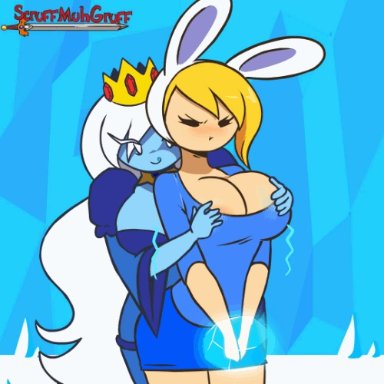 2020, 2girls, adventure time, animated, annoyed, areolae, artist name, background, big breasts, blonde, blonde hair, blue skin, breast grab, breast squeeze, breasts