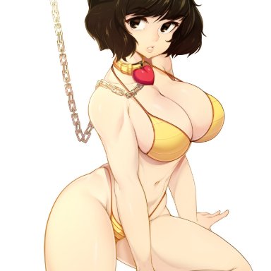 1girls, black hair, chain leash, chained, chains, collar, color, heart, large breasts, looking at another, looking away, looking up, on the ground, pale skin, pale-skinned female