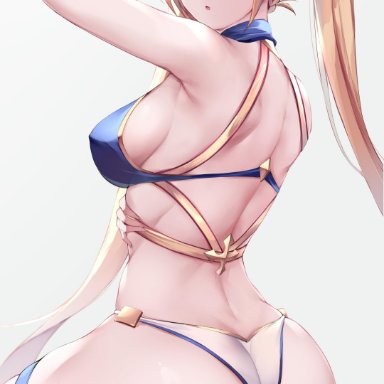 :o, 1girls, absurdres, arm up, armpits, ass, ass support, back, bare arms, bare shoulders, bikini, blonde hair, blue bikini, blue eyes, blush