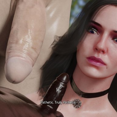 1girls, 2boys, 3d, big penis, bwc, english text, female, geralt of rivia, humiliation, male, small penis, small penis humiliation, text, the witcher, vekkte