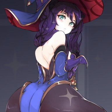 aqua eyes, ass, backless leotard, black legwear, blue leotard, bow, breasts, female, from behind, genshin impact, gloves, hair ornament, hairbow, half-closed eyes, hat