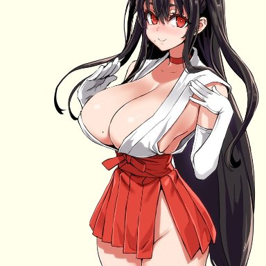 asanagi, ass, black hair, cleavage, curvy, female, hair ornament, huge breasts, long hair, looking at viewer, miko, original, original character, skimpy clothes, smiling