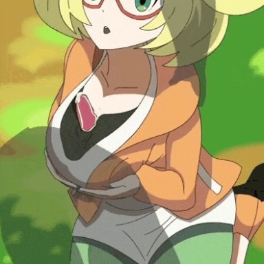 animated, bianca (pokemon), clothed, clothed sex, clothes, glasses, glasses on head, green eyes, hat, looking at partner, loop, looping animation, outdoors, paizuri, pokemon