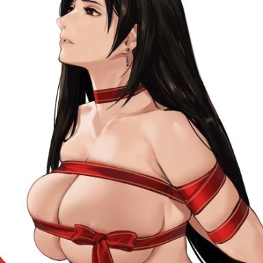 [email protected], 1girls, areolae, black hair, brown eyes, christmas, color, earring, earrings, final fantasy vii, hands behind back, large breasts, long hair, looking at another, looking up