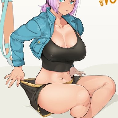 1girls, adjusting clothes, adjusting shorts, barefoot, black shorts, blue eyes, breasts, clavicle, cleavage, cropped jacket, denim, denim jacket, dragon ball, dragon ball z, feet