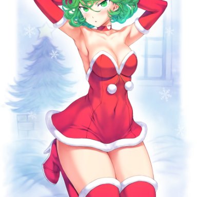 big breasts, blush, christmas, christmas outfit, green eyes, green hair, mogudan, one-punch man, tatsumaki, thick thighs