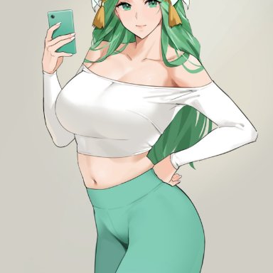 1girls, bangs, bare shoulders, blush, breasts, cellphone, circlet, cleavage, collarbone, contemporary, female, fire emblem, fire emblem: three houses, flower, green eyes