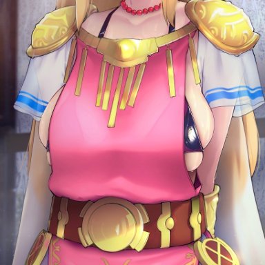 big breasts, blonde hair, blush, blushing, breasts, embarrassed, female, female focus, female only, hizake, hylian, large breasts, long hair, nintendo, overflowing breasts