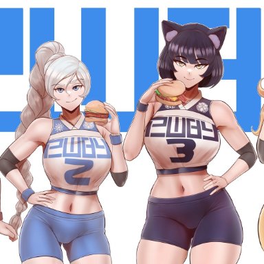 4girls, aestheticc-meme, animal ears, areolae, big breasts, black hair, blake belladonna, blonde hair, blue eyes, breasts, burger, cat ears, clothed, clothing, eating