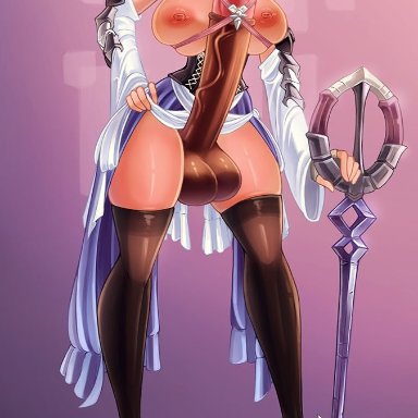 1futa, animal genitalia, animal penis, aqua (kingdom hearts), areolae, balls, big balls, big breasts, blue hair, breasts, choker, clothed, clothing, curvy, erection