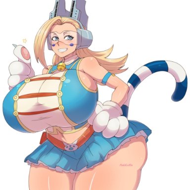 1girls, big breasts, blue eyes, breasts, cat paws, cat tail, curvaceous, female, headphones, huge breasts, huge thighs, large breasts, long hair, massive breasts, my hero academia