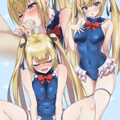 1boy, azur lane, bangs, black ribbon, blonde hair, blue eyes, blue leotard, blush, breasts, clothed sex, covered navel, dead or alive, dead or alive 5, fellatio, female