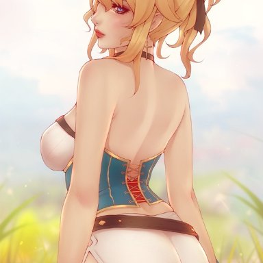 ass, back, bangs, bare shoulders, black bow, blonde hair, blue eyes, blue sky, bow, breasts, cloud, corset, female, genshin impact, grass