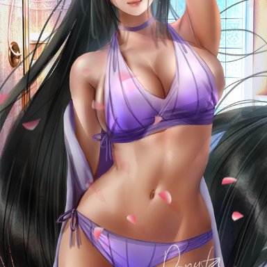 1girls, bare shoulders, big breasts, bikini, black hair, blush, breasts, cherry blossoms, choker, cleavage, detailed background, donyta, hyuuga hinata, long hair, looking at viewer