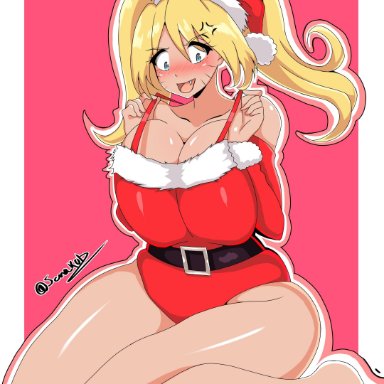 1girls, armwear, bare shoulders, barefoot, bbw, belt, big breasts, blonde hair, blue eyes, blush, boruto: naruto next generations, busty, canon genderswap, christmas, cleavage